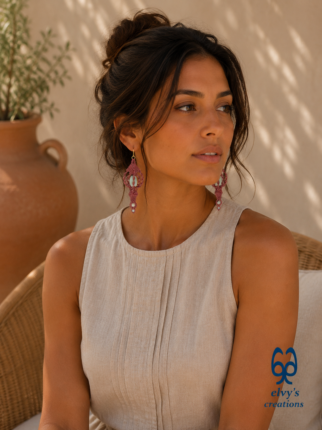 Brown Macrame Earrings, Amazonite Gemstones Beads, Unique Gift for Women Virgo Birthday Gift