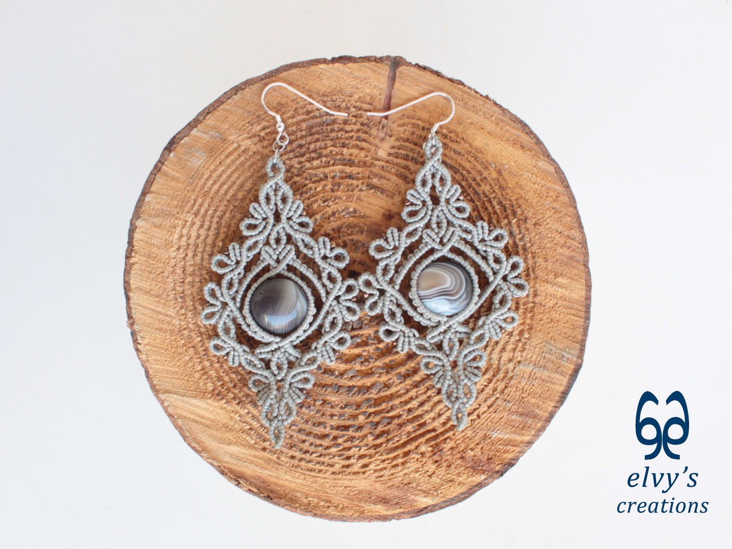 Handmade Silver Macrame Earrings with Agate Gemstones Silver Macrame Jewelry