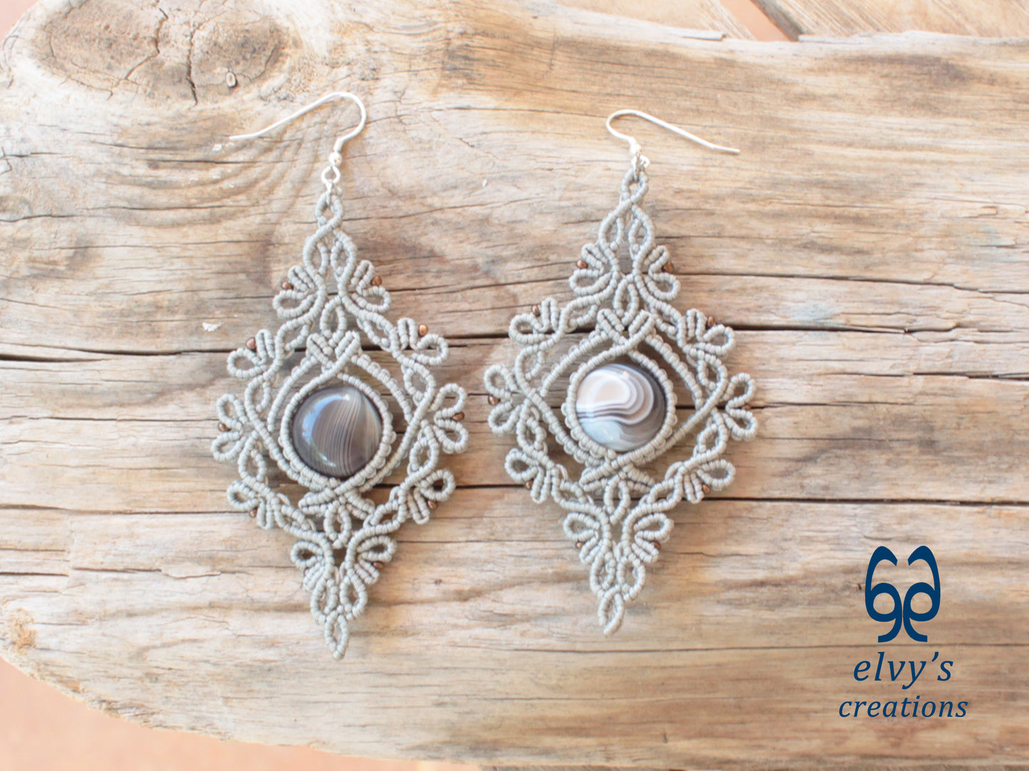 Handmade Silver Macrame Earrings with Agate Gemstones Silver Macrame Jewelry