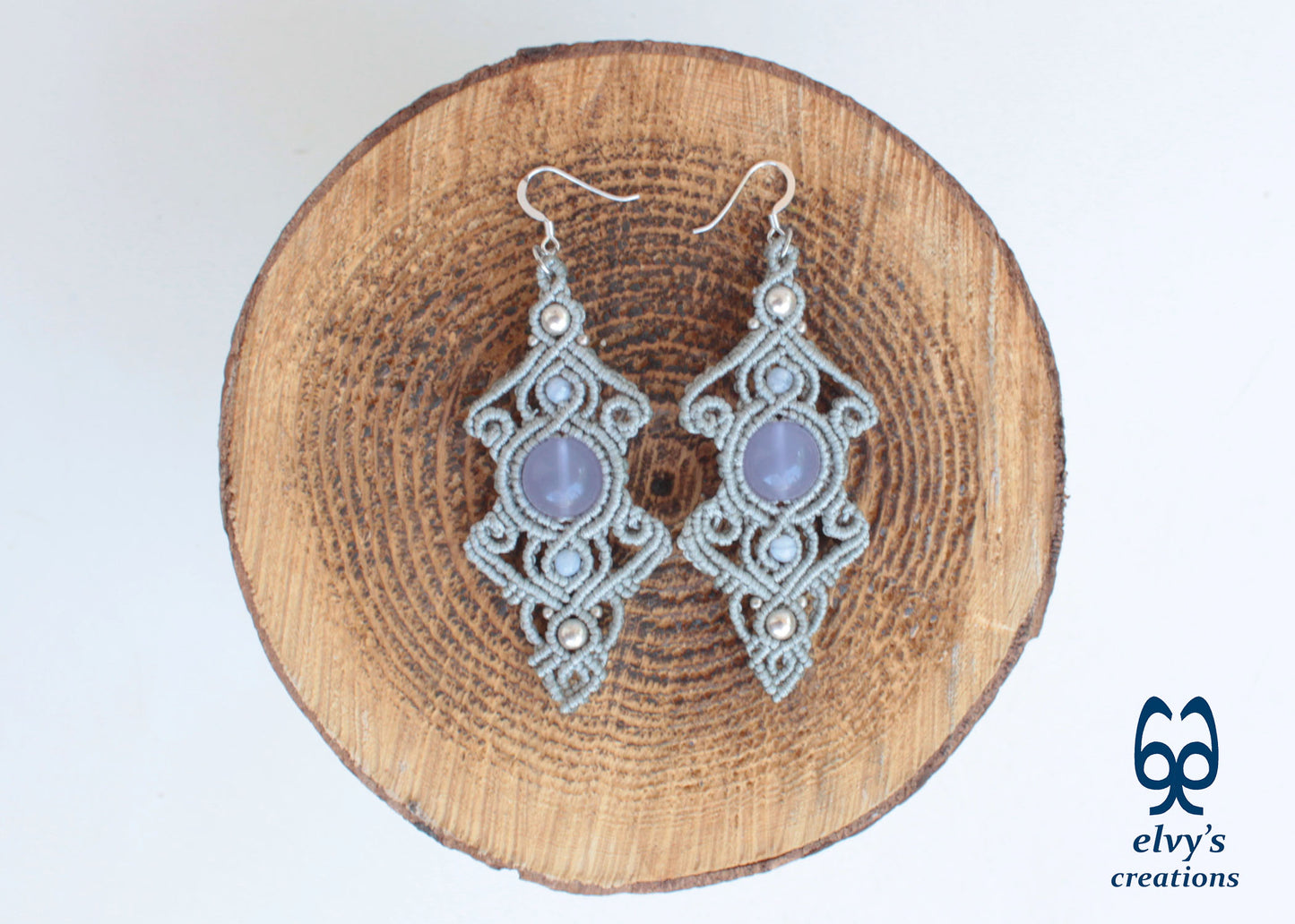 Handmade Macrame Silver Earrings with Chalcedony Gemstones Dangle Earrings