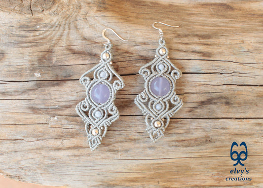 Handmade Macrame Silver Earrings with Chalcedony Gemstones Dangle Earrings