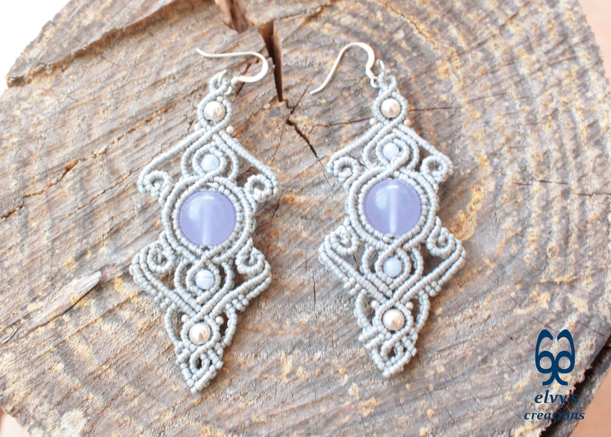 Handmade Macrame Silver Earrings with Chalcedony Gemstones Dangle Earrings