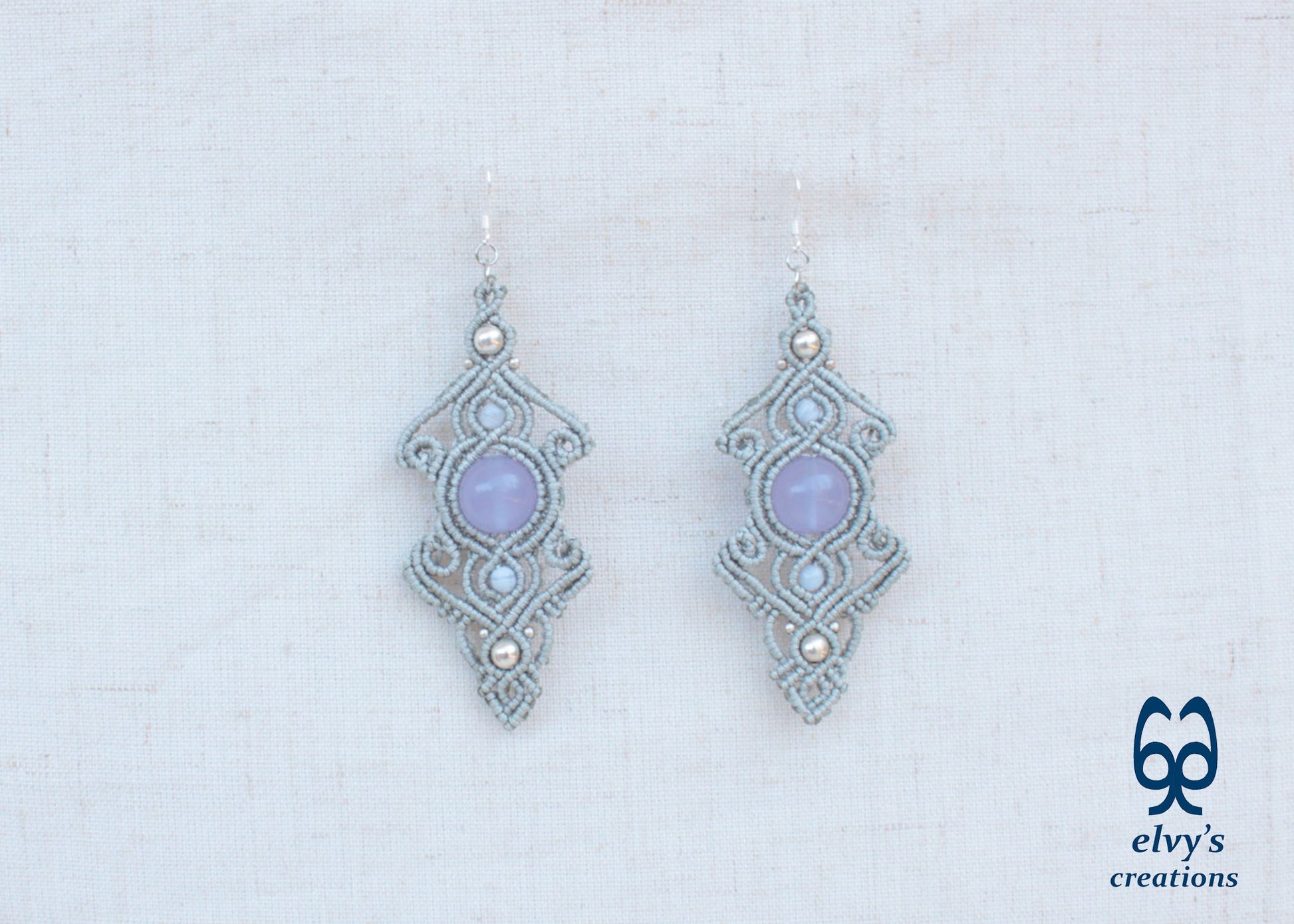 Handmade Macrame Silver Earrings with Chalcedony Gemstones Dangle Earrings