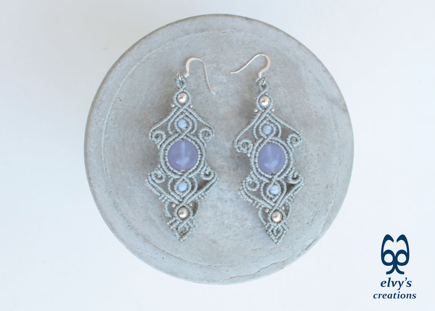 Handmade Macrame Silver Earrings with Chalcedony Gemstones Dangle Earrings