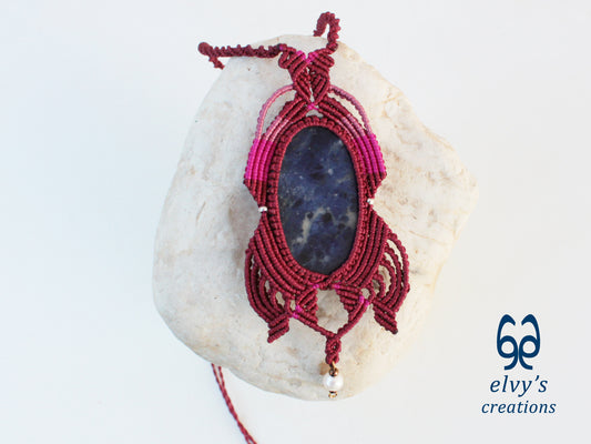 Handmade Pink Macrame Pendant with Sodalite and Pearl Gemstones Necklace
