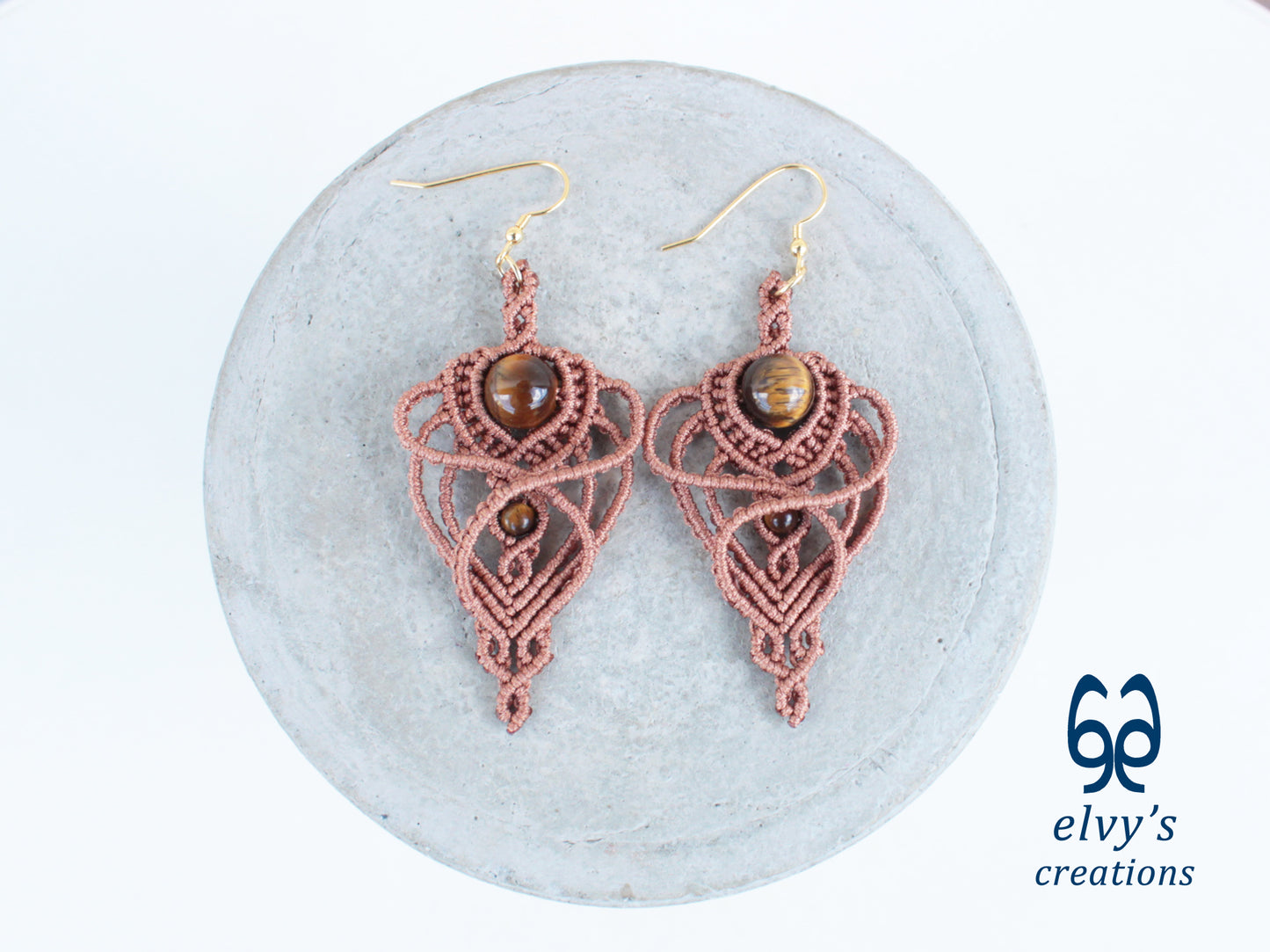 Handmade Macramé Light Brown Earrings with Tiger Eye Gemstones