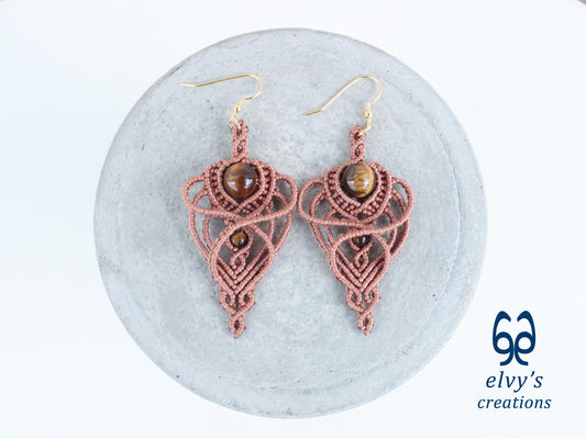 Handmade Macramé Light Brown Earrings with Tiger Eye Gemstones