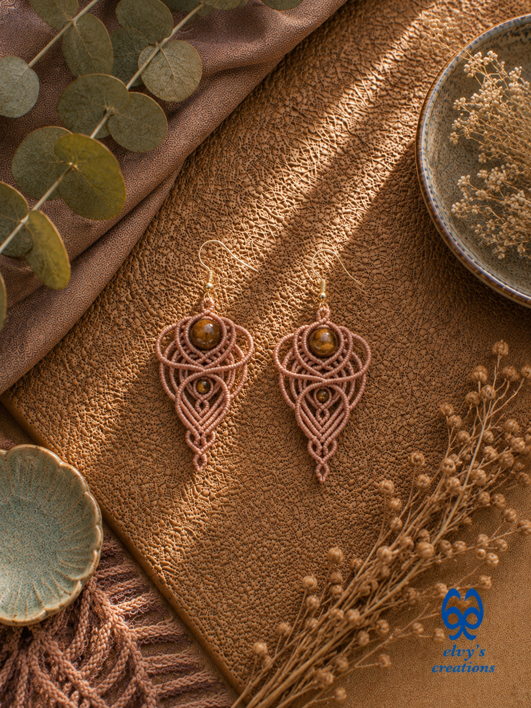 Handmade Macramé Light Brown Earrings with Tiger Eye Gemstones