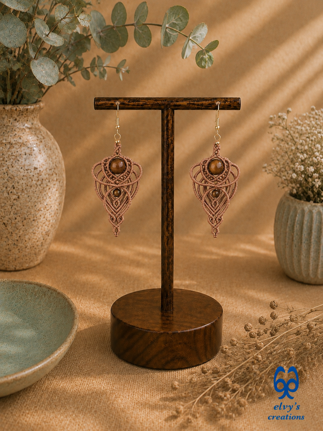 Handmade Macramé Light Brown Earrings with Tiger Eye Gemstones
