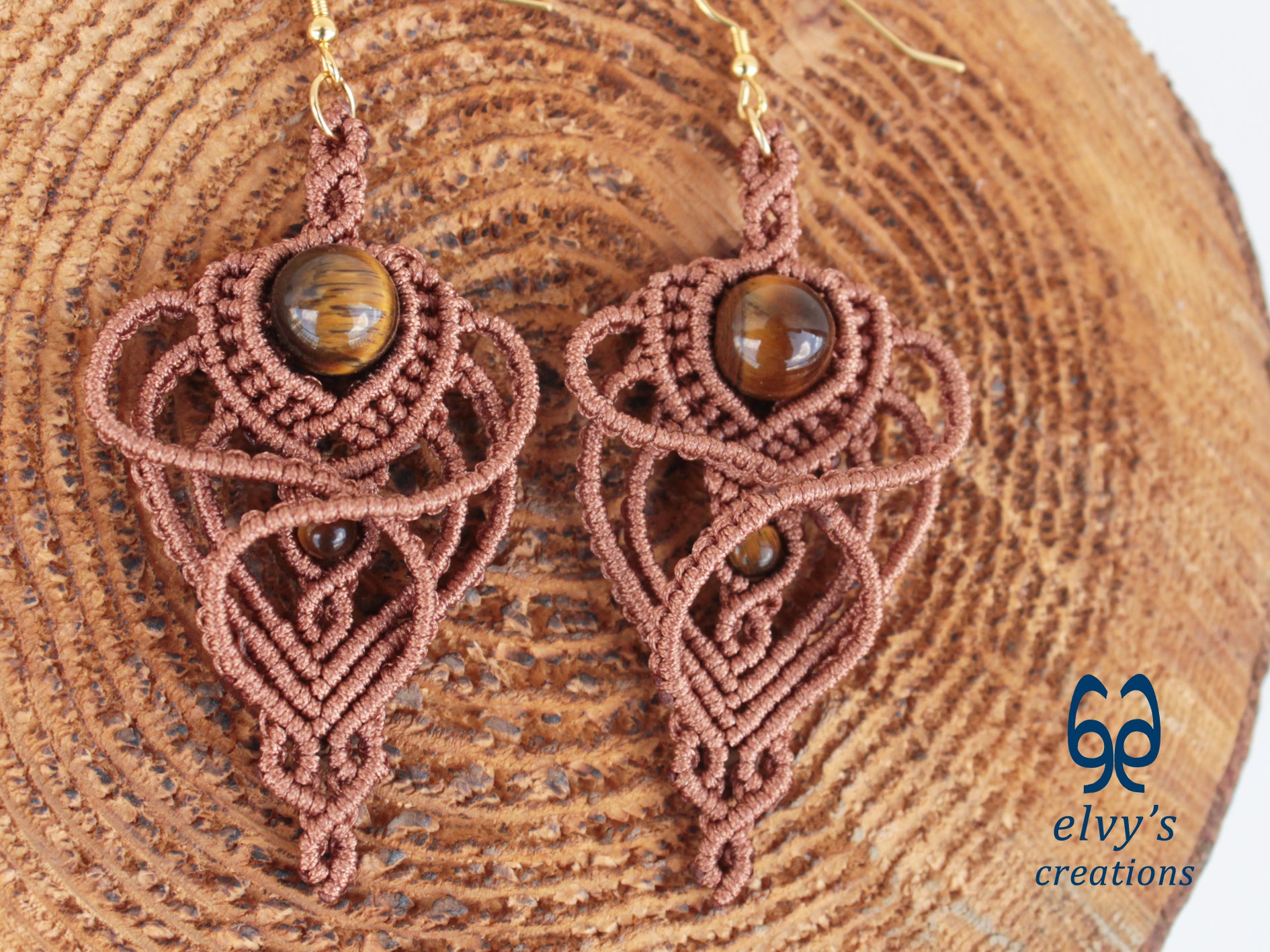 Handmade Macramé Light Brown Earrings with Tiger Eye Gemstones