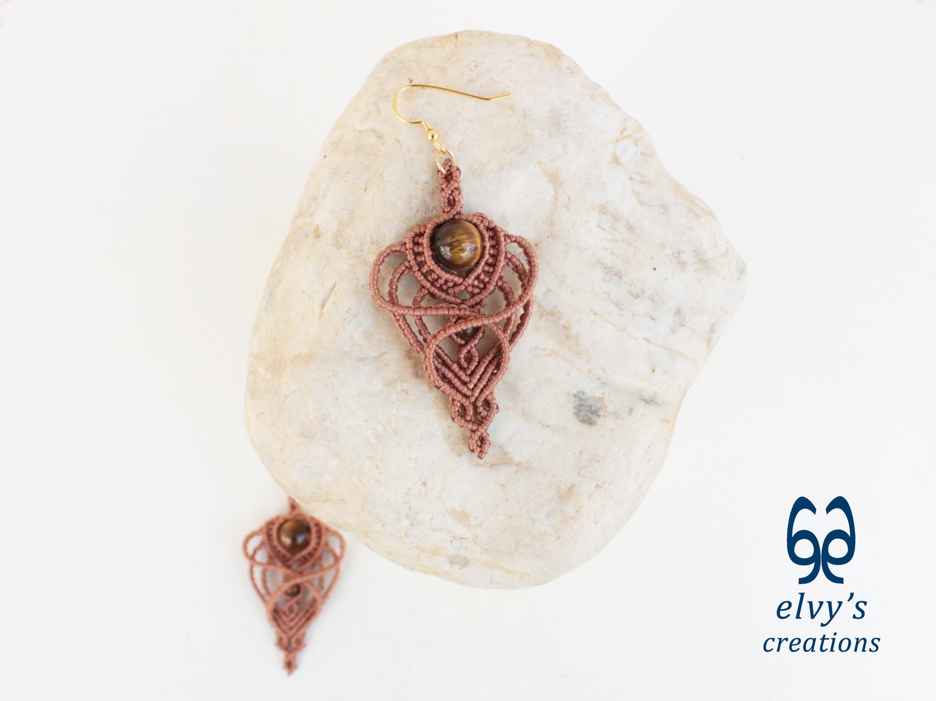 Handmade Macramé Light Brown Earrings with Tiger Eye Gemstones