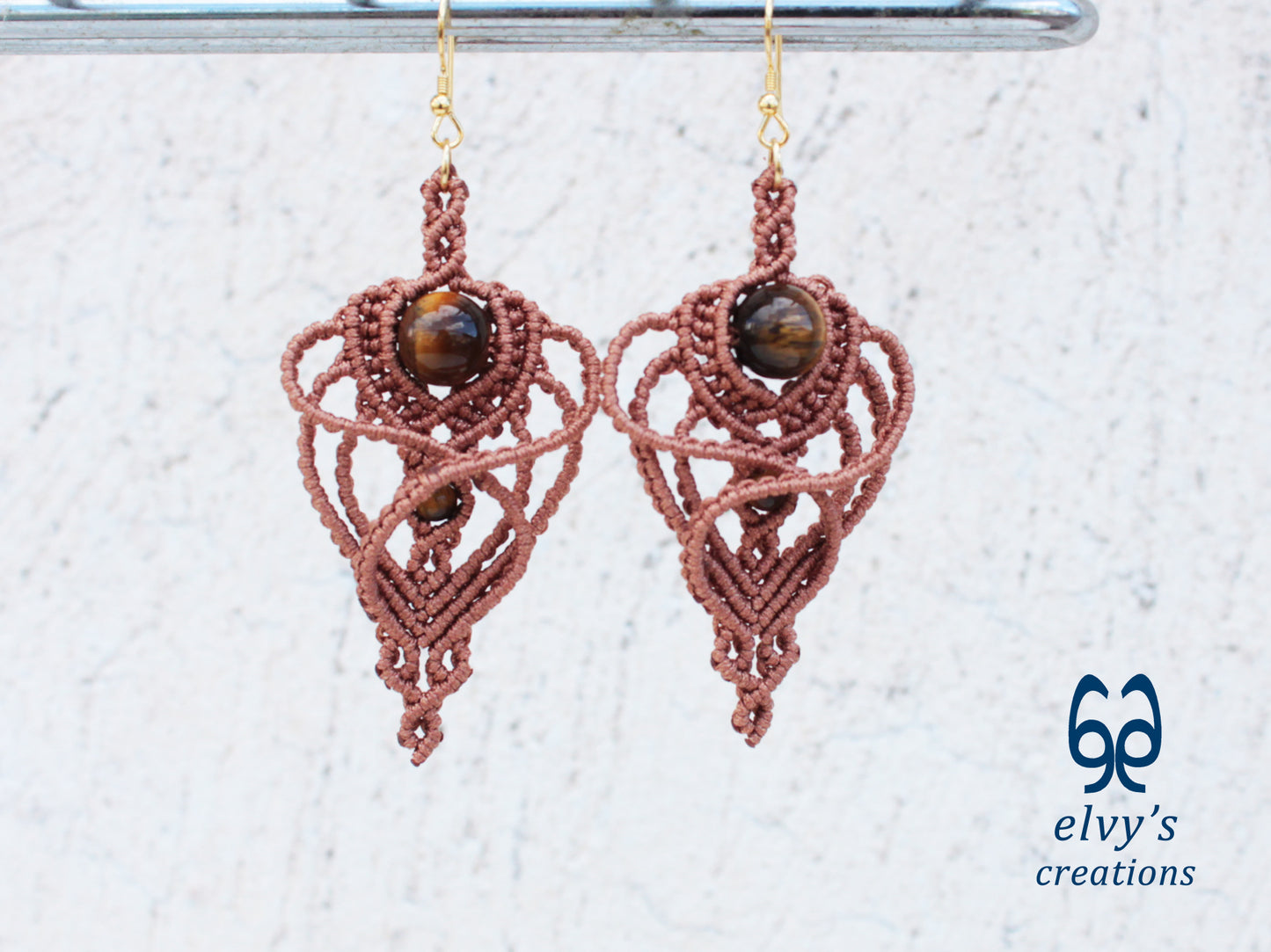 Handmade Macramé Light Brown Earrings with Tiger Eye Gemstones