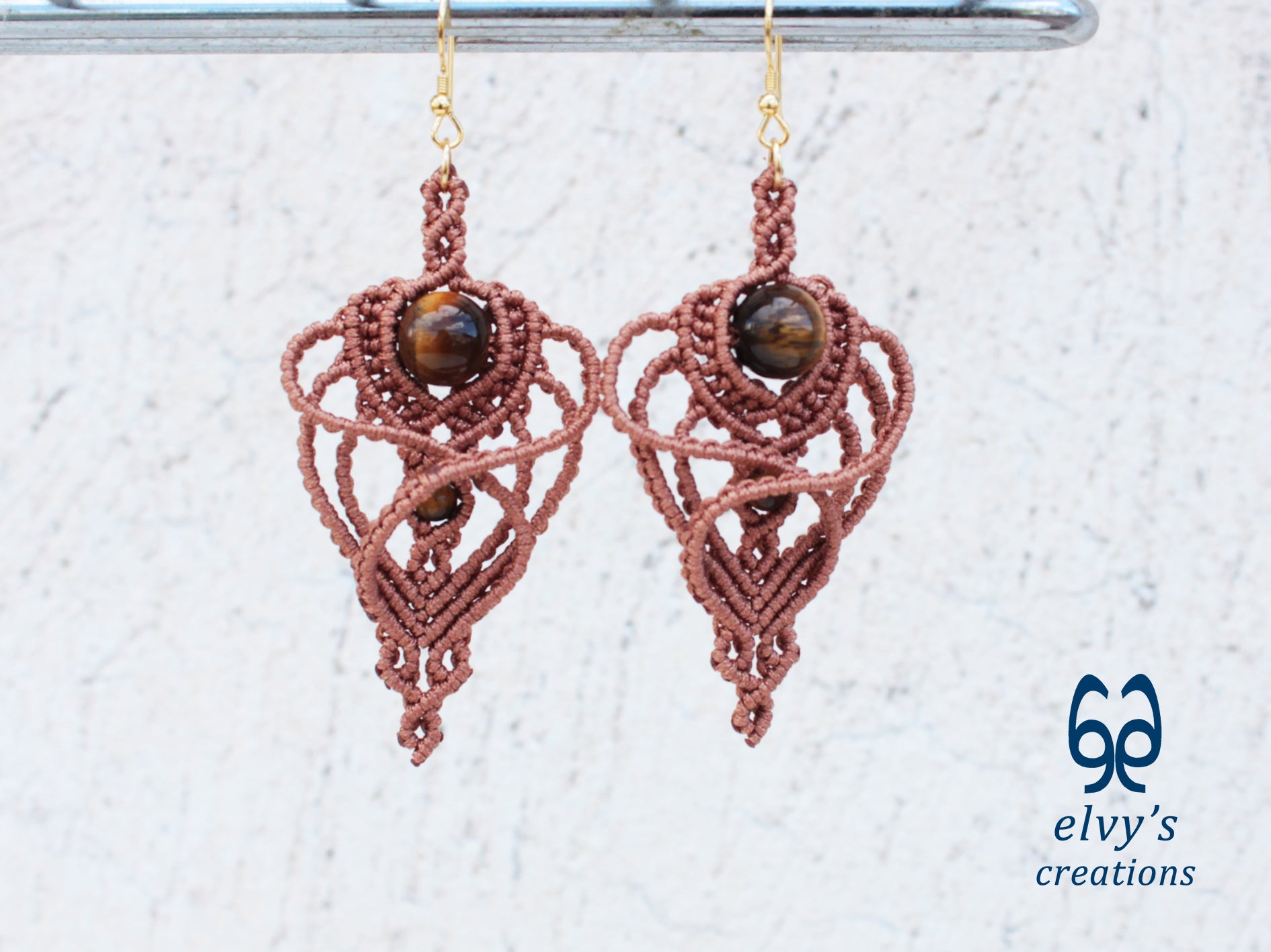 Handmade Macramé Light Brown Earrings with Tiger Eye Gemstones