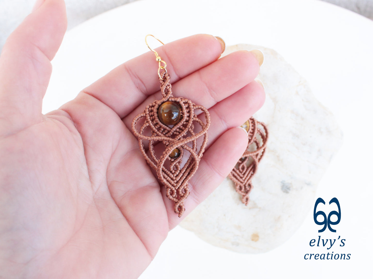 Handmade Macramé Light Brown Earrings with Tiger Eye Gemstones