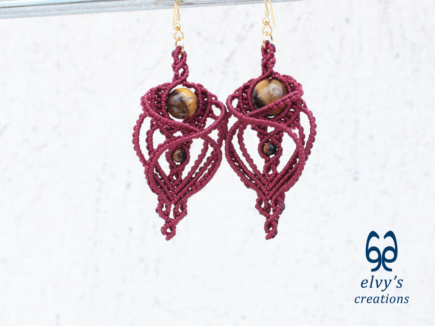 Handmade Macramé Red Earrings with Tiger Eye Gemstones Dangle Earrings