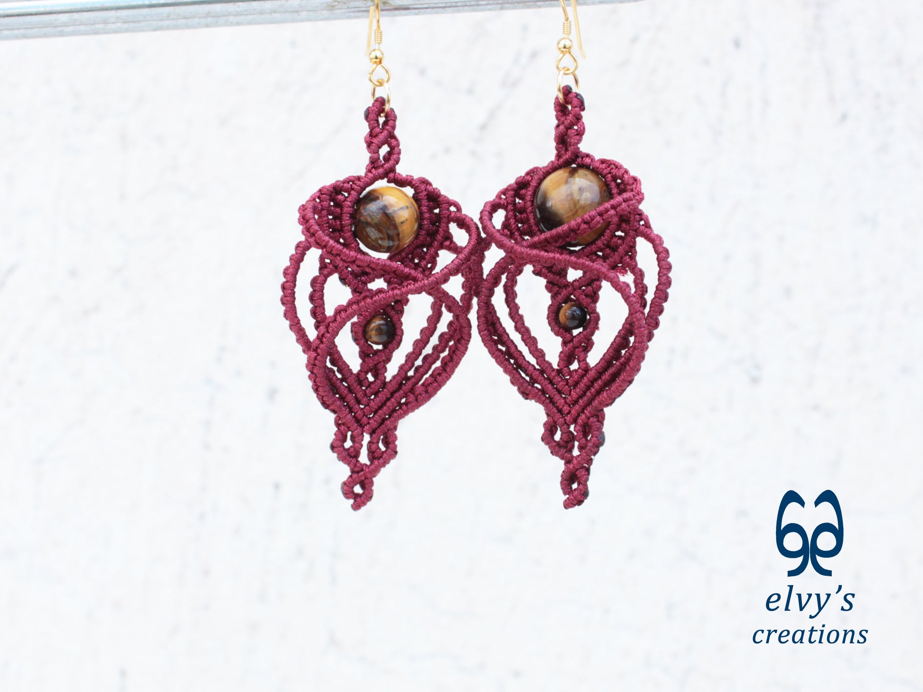 Handmade Macramé Red Earrings with Tiger Eye Gemstones Dangle Earrings