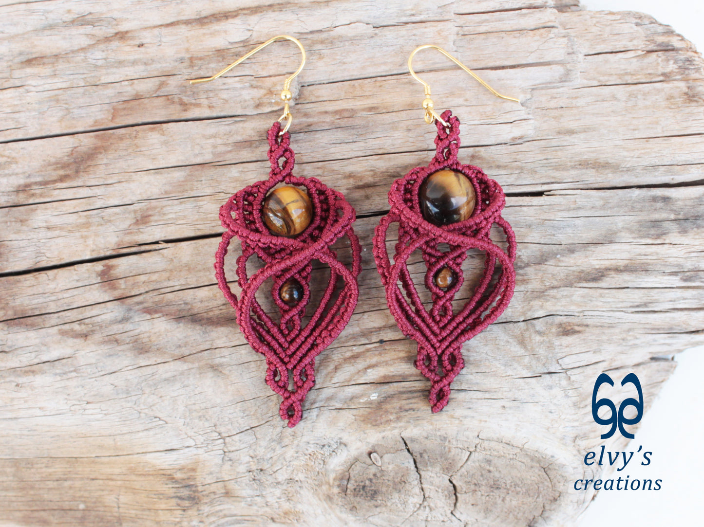 Handmade Macramé Red Earrings with Tiger Eye Gemstones Dangle Earrings