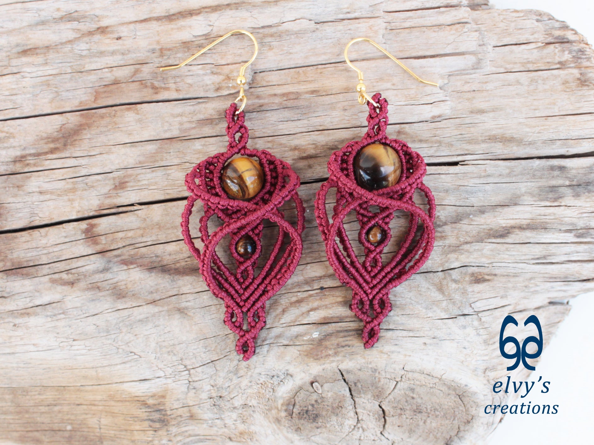 Handmade Macramé Red Earrings with Tiger Eye Gemstones Dangle Earrings
