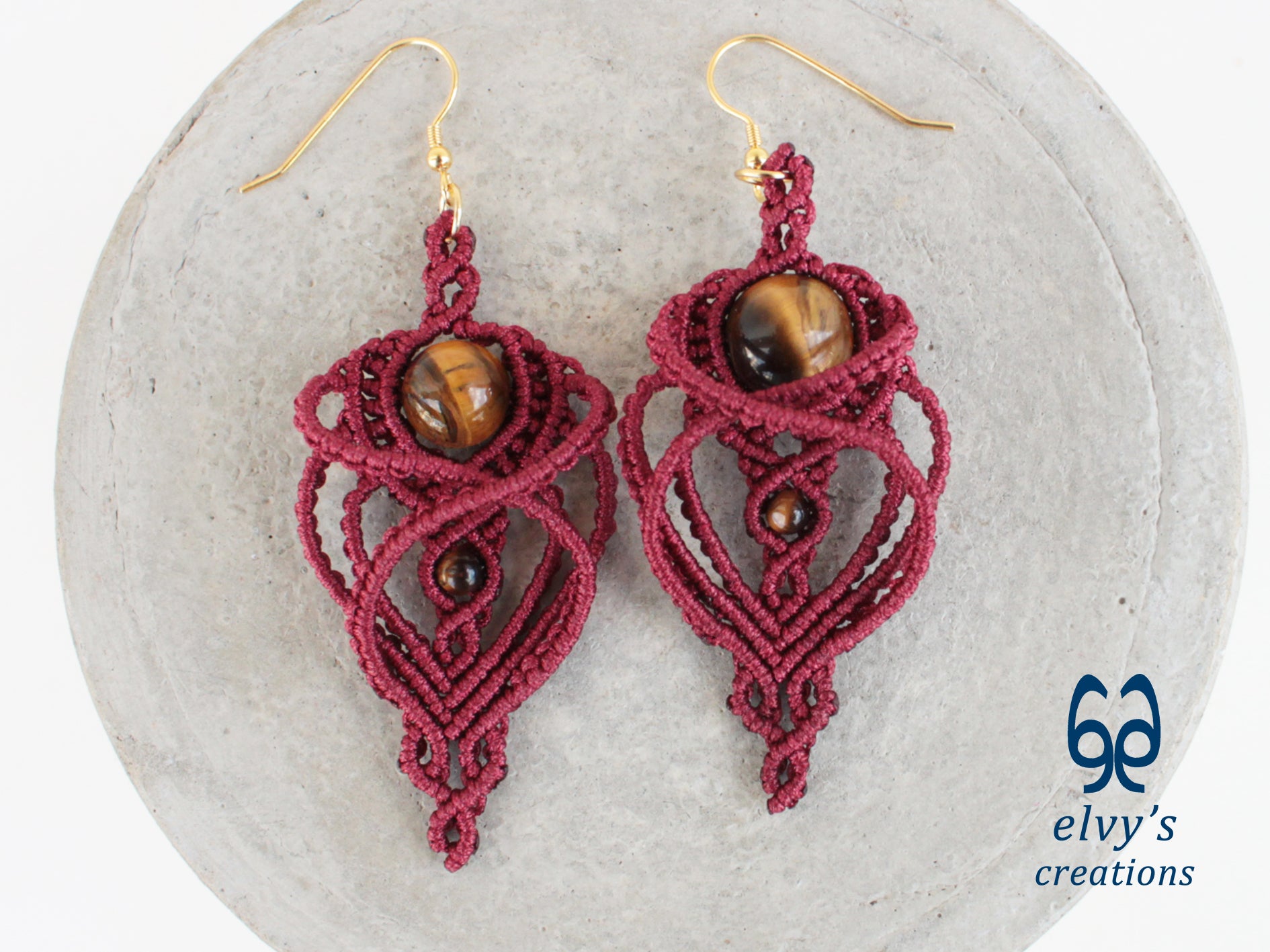Handmade Macramé Red Earrings with Tiger Eye Gemstones Dangle Earrings