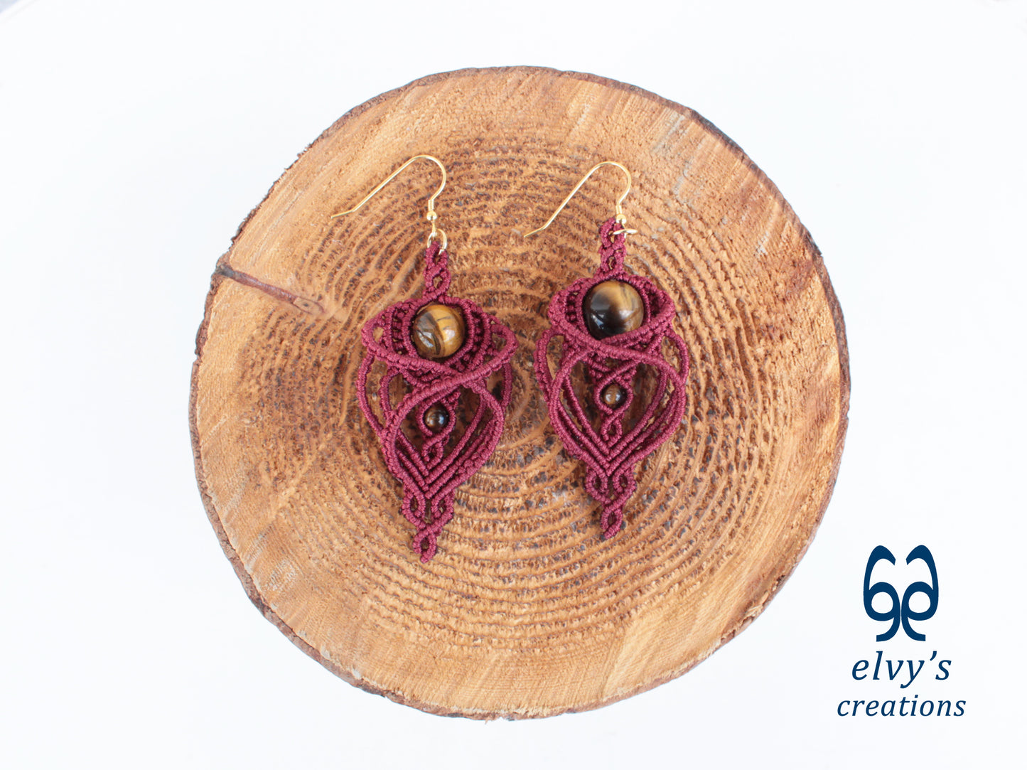 Handmade Macramé Red Earrings with Tiger Eye Gemstones Dangle Earrings