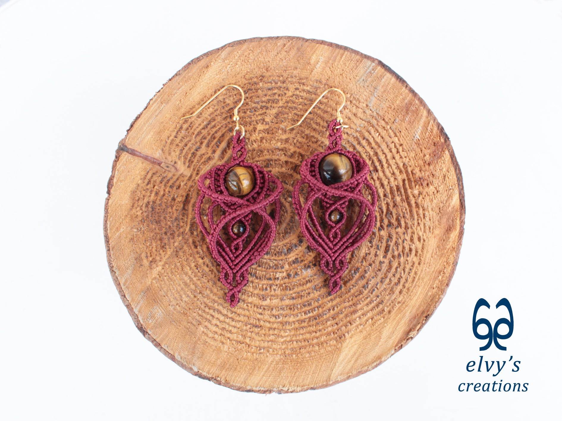 Handmade Macramé Red Earrings with Tiger Eye Gemstones Dangle Earrings