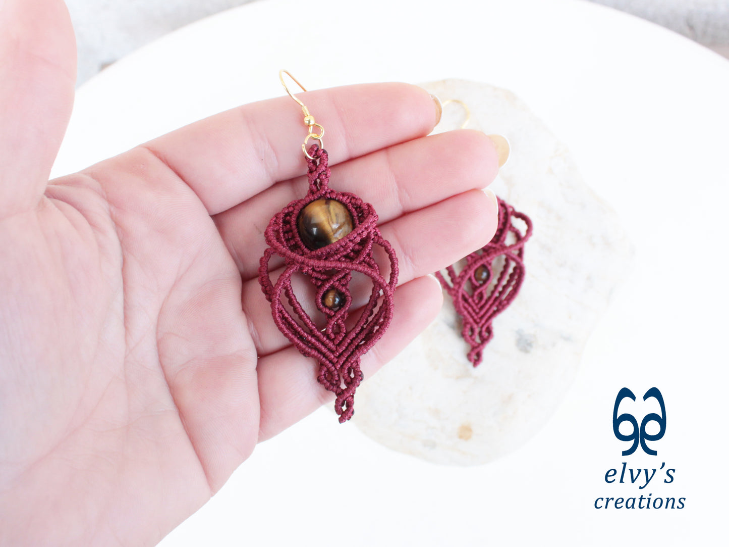 Handmade Macramé Red Earrings with Tiger Eye Gemstones Dangle Earrings