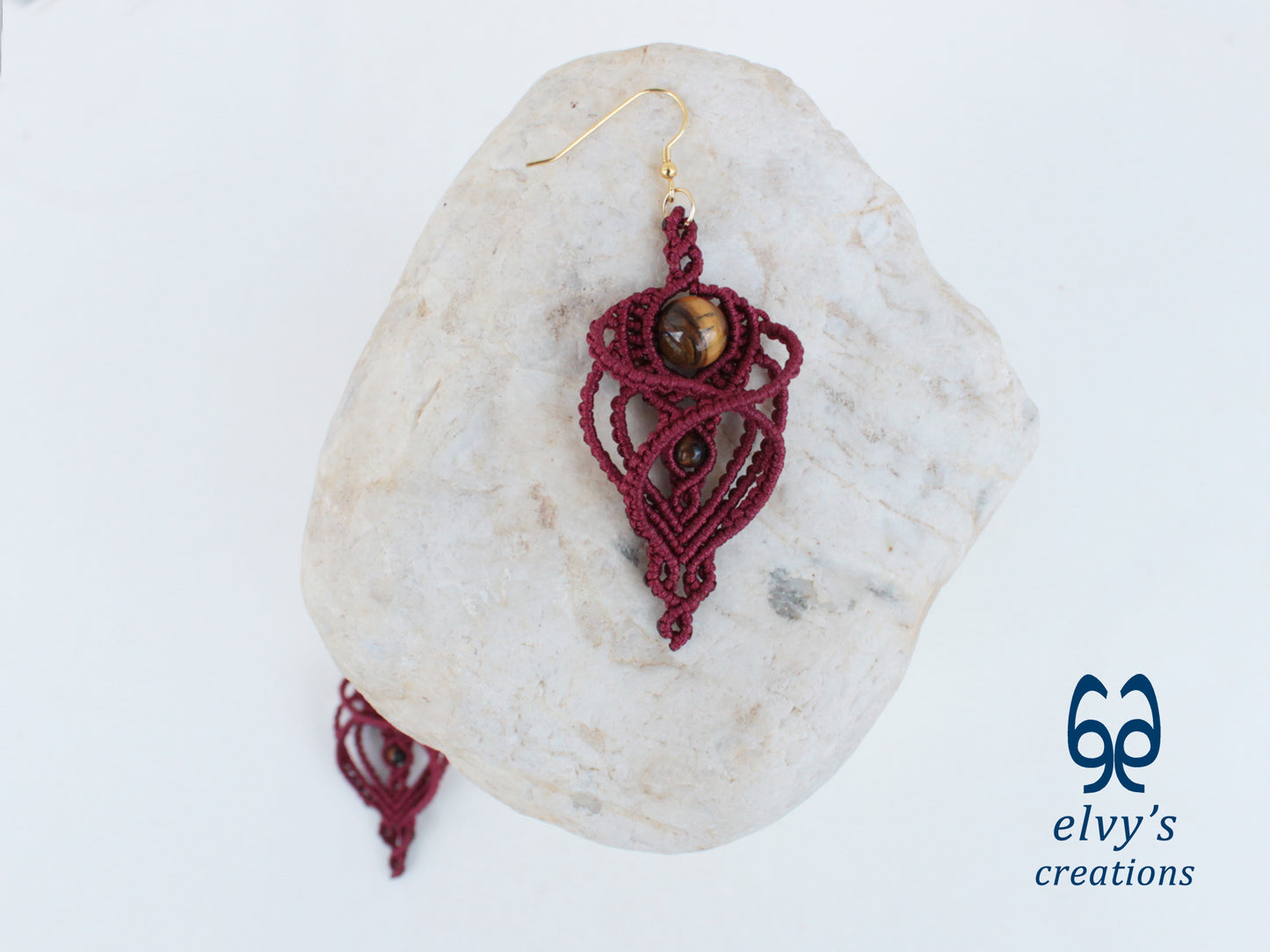 Handmade Macramé Red Earrings with Tiger Eye Gemstones Dangle Earrings