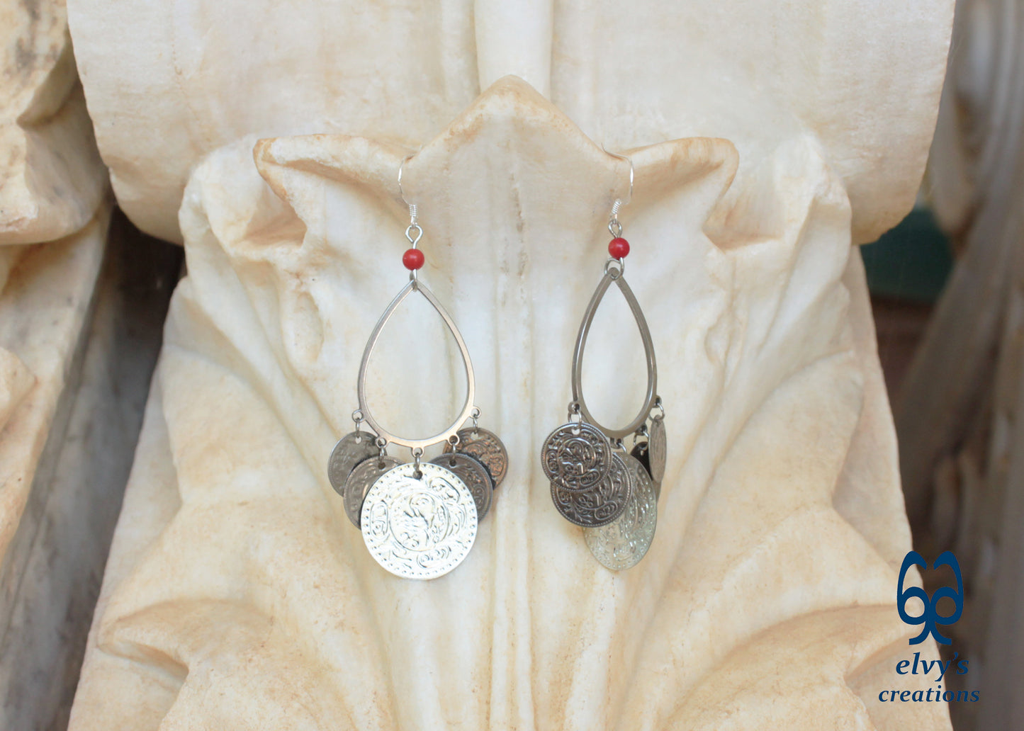 Handmade Traditional Earrings, Greek Folklore Earrings with Red Coral Gemstone