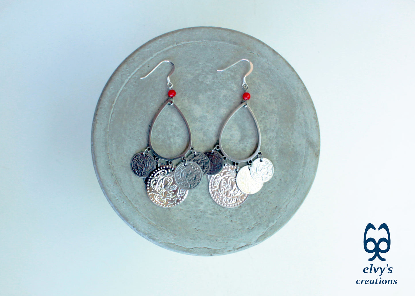 Handmade Traditional Earrings, Greek Folklore Earrings with Red Coral Gemstone