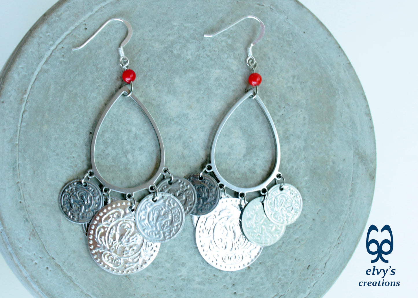 Handmade Traditional Earrings, Greek Folklore Earrings with Red Coral Gemstone