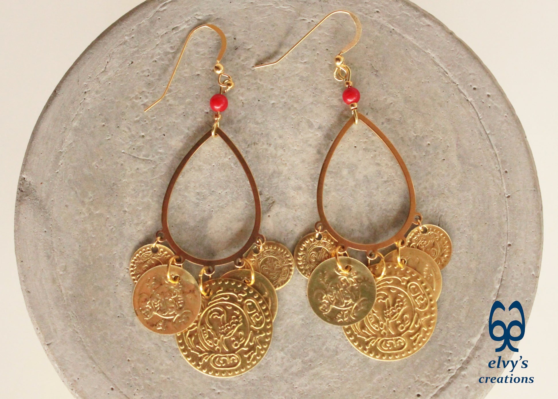 Handmade Traditional Earrings, Greek Folklore Earrings with Red Coral Gemstone