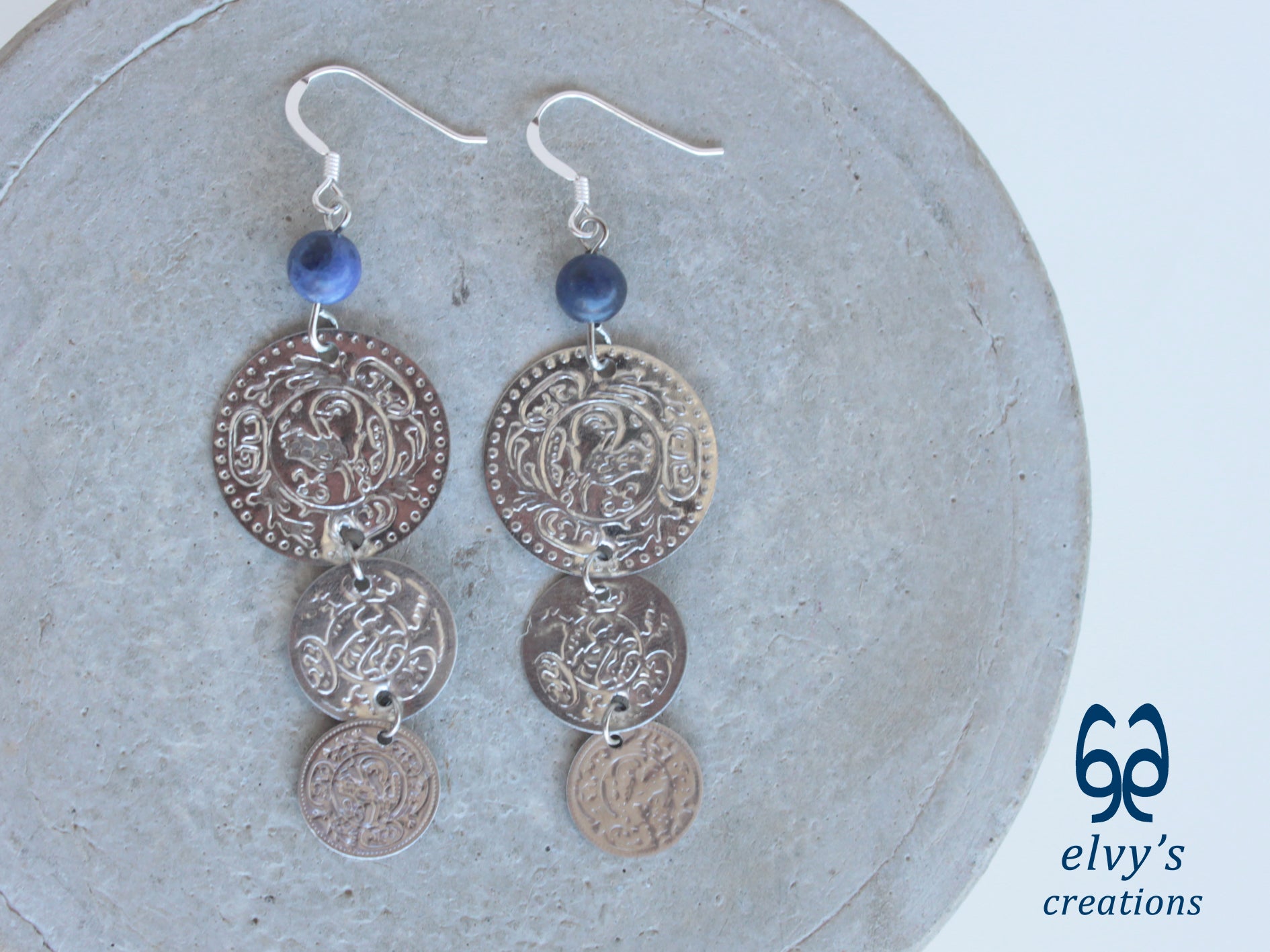 Gold Folklore Earrings, Coin Dangle Greek Traditional Jewelry, Sterling Silver Gold Plated Gypsy Jewelry, Gemstone