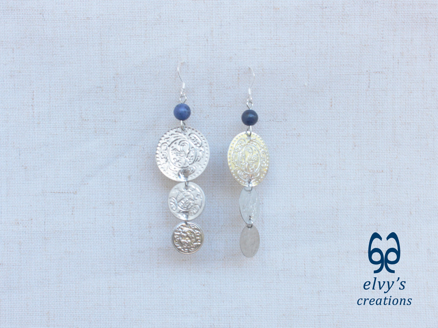 Gold Folklore Earrings, Coin Dangle Greek Traditional Jewelry, Sterling Silver Gold Plated Gypsy Jewelry, Gemstone