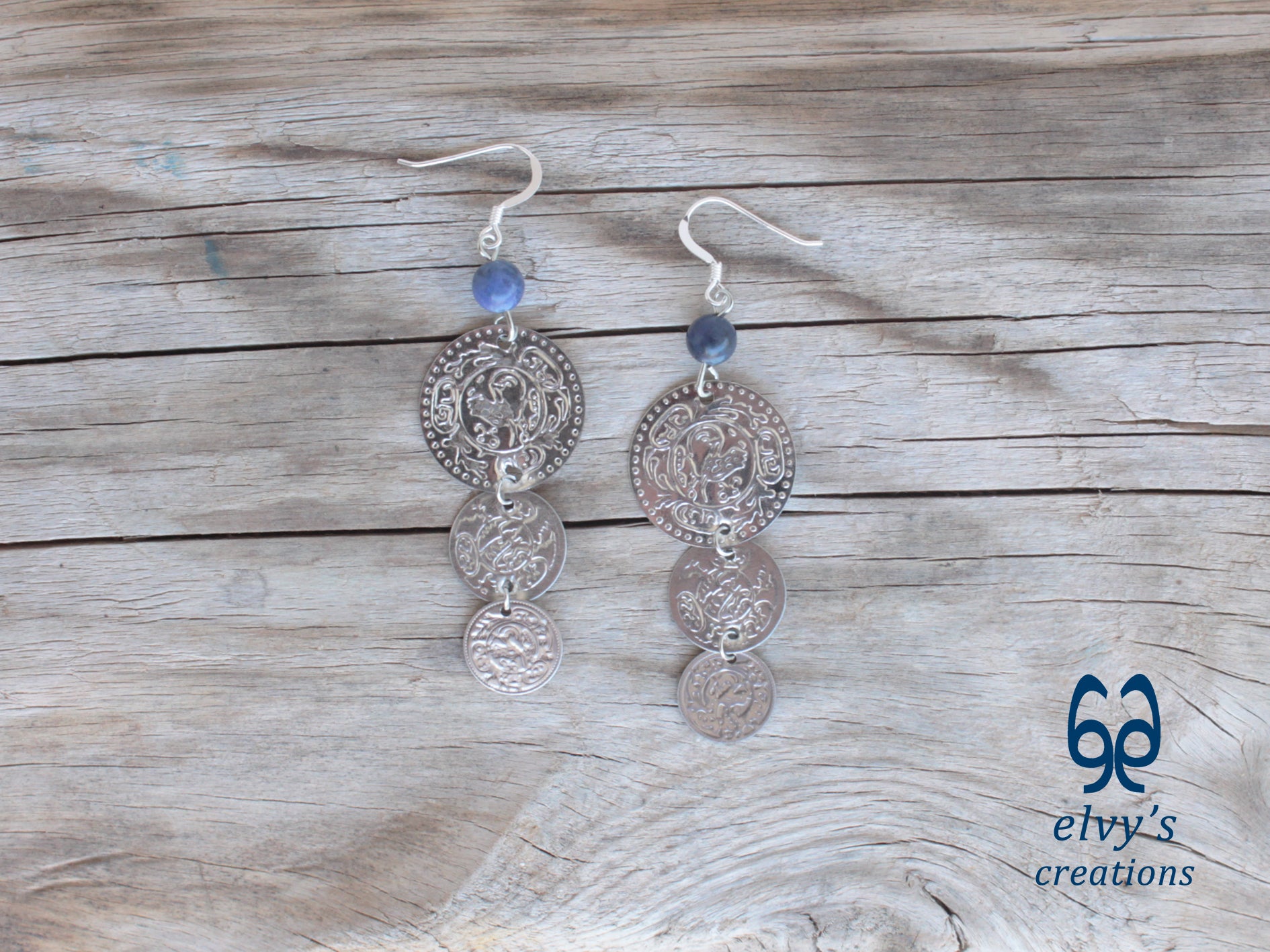 Gold Folklore Earrings, Coin Dangle Greek Traditional Jewelry, Sterling Silver Gold Plated Gypsy Jewelry, Gemstone