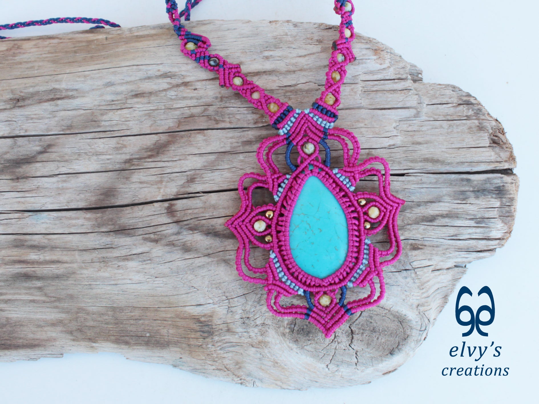 Handmade Pink Macrame Necklace with Turquoise and Agate Gemstones