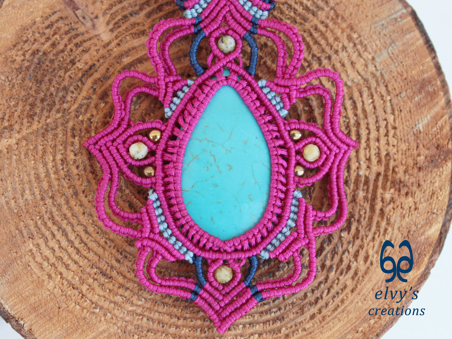 Handmade Pink Macrame Necklace with Turquoise and Agate Gemstones