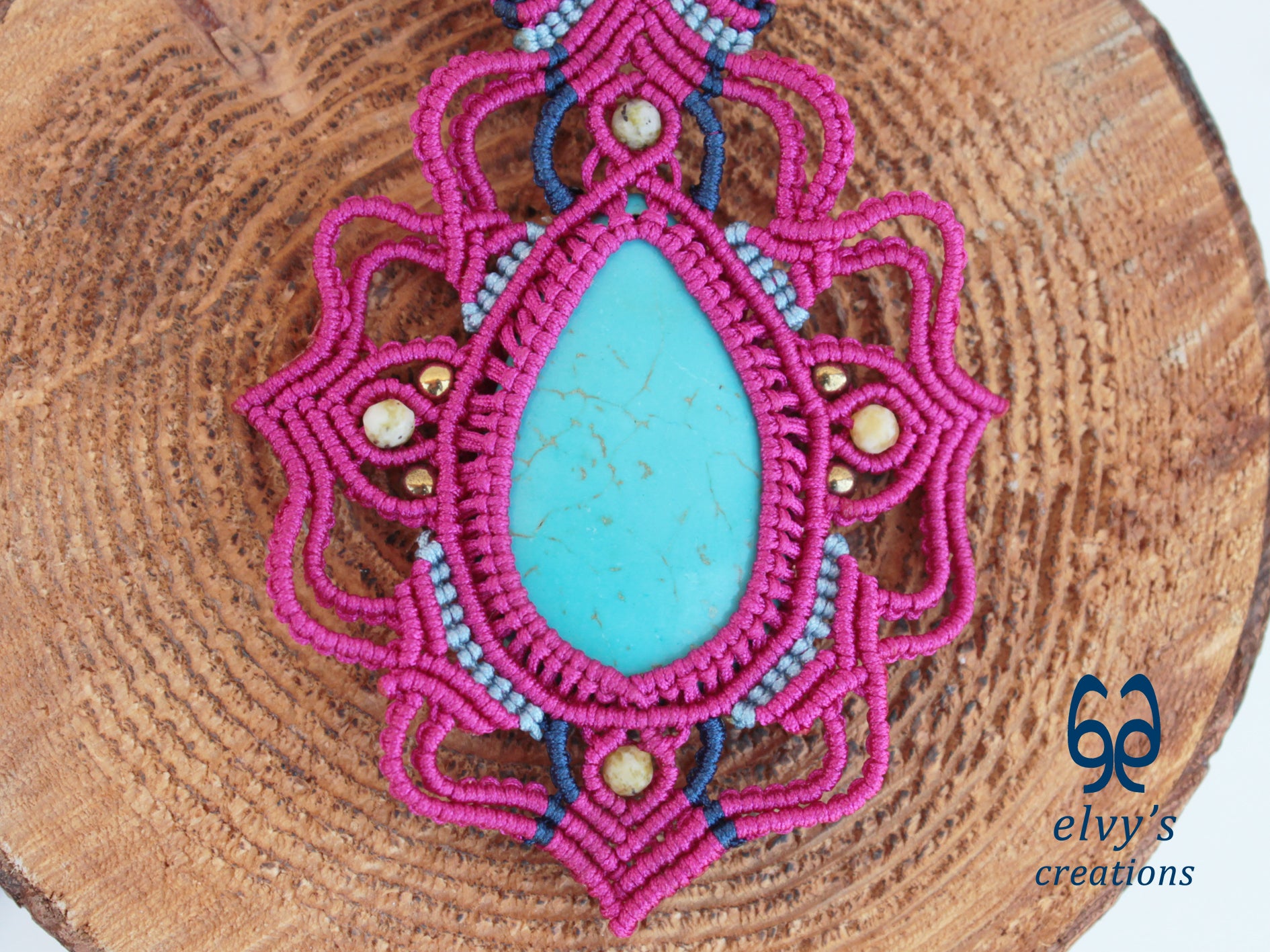 Handmade Pink Macrame Necklace with Turquoise and Agate Gemstones