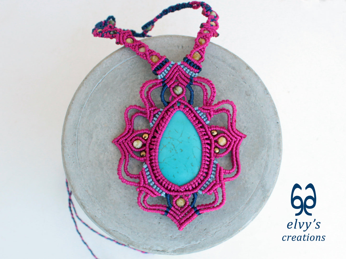 Handmade Pink Macrame Necklace with Turquoise and Agate Gemstones