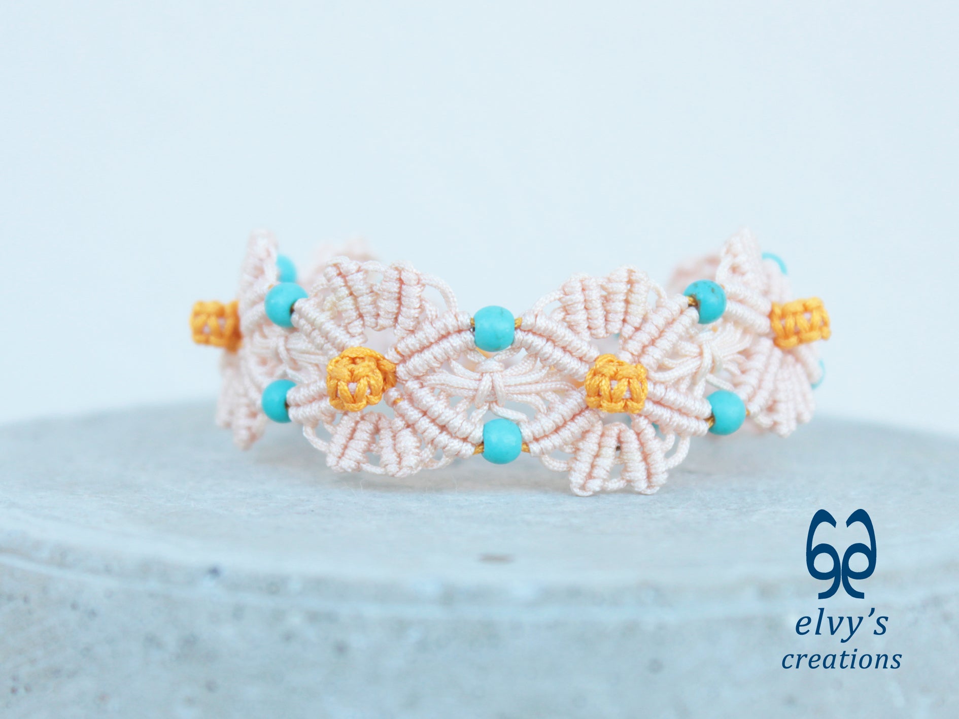 Handmade Beige and Yellow Macrame Bracelet with Turquoise Gemstones Flower Bracelet