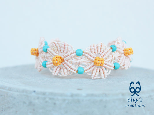 Handmade Beige and Yellow Macrame Bracelet with Turquoise Gemstones Flower Bracelet