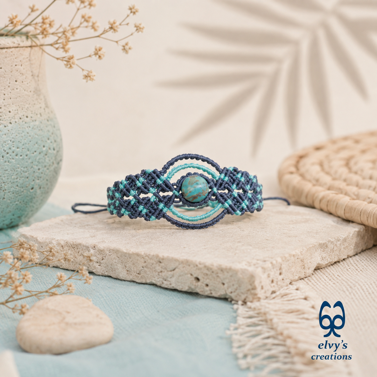 Handmade Blue Macrame Bracelet, Turquoise Gemstones Boho Summer Bracelet