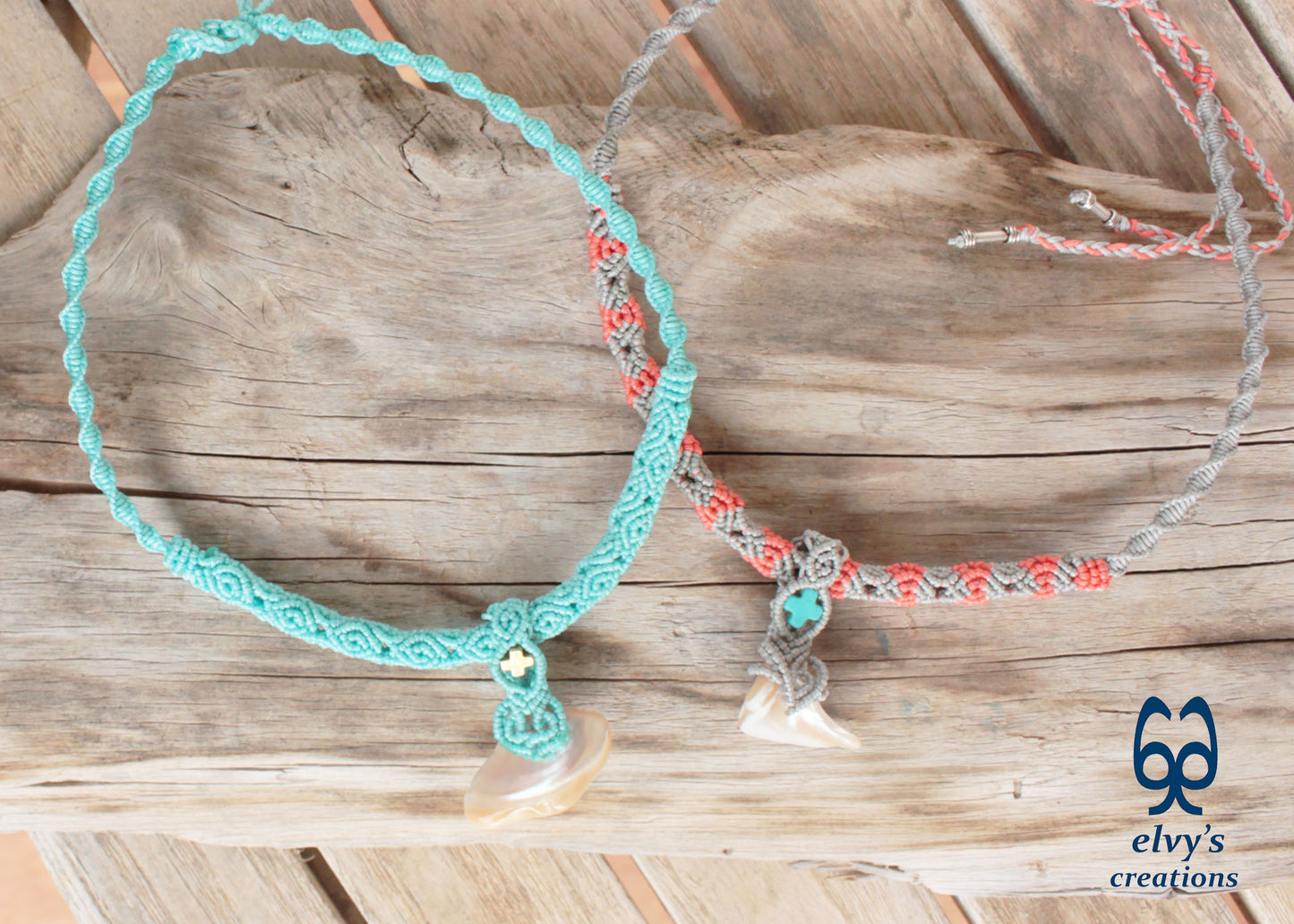 Handmade Turquoise Macrame Necklace Adjustable Chocker with Hematite and Pearl Shell