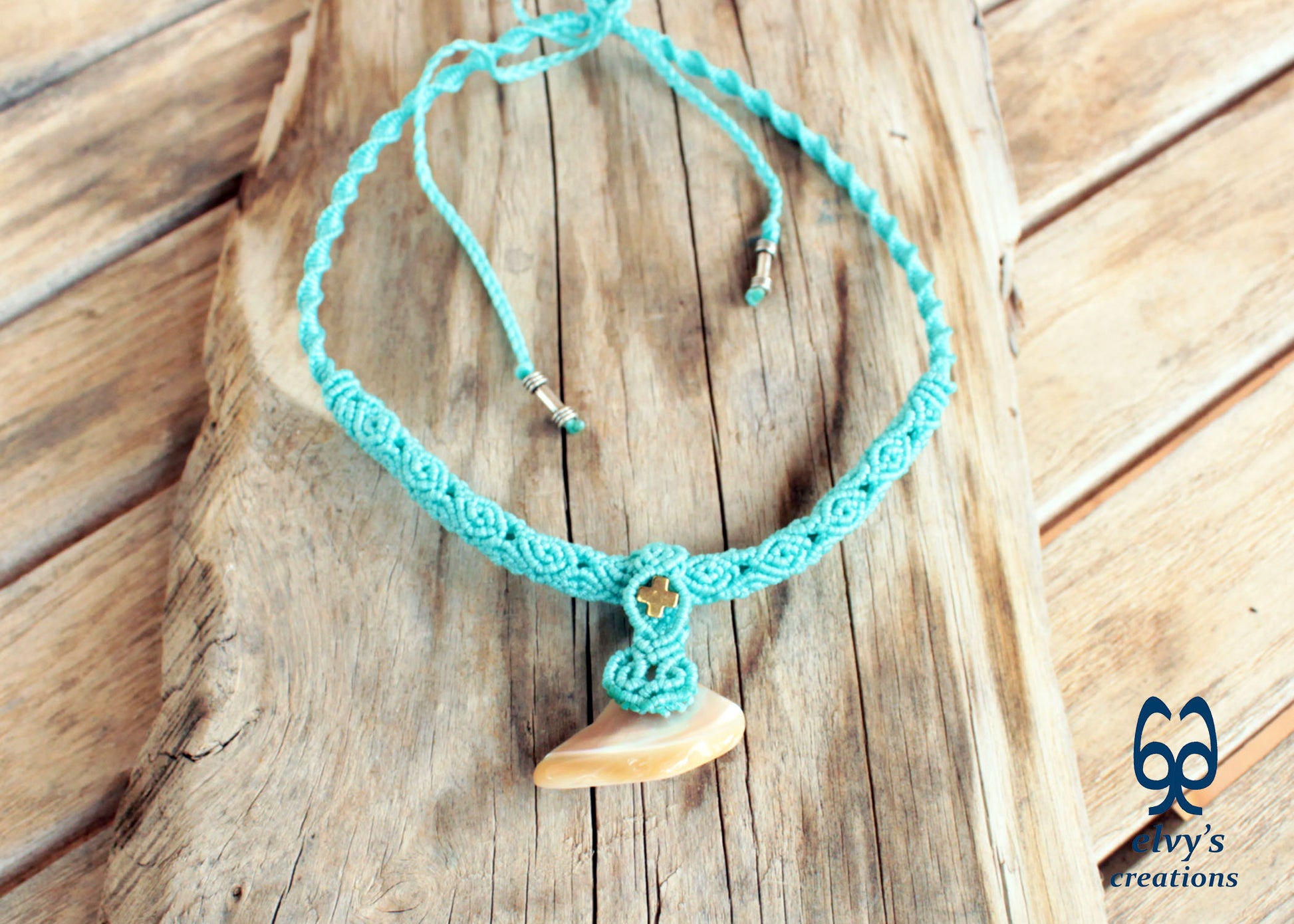 Handmade Turquoise Macrame Necklace Adjustable Chocker with Hematite and Pearl Shell