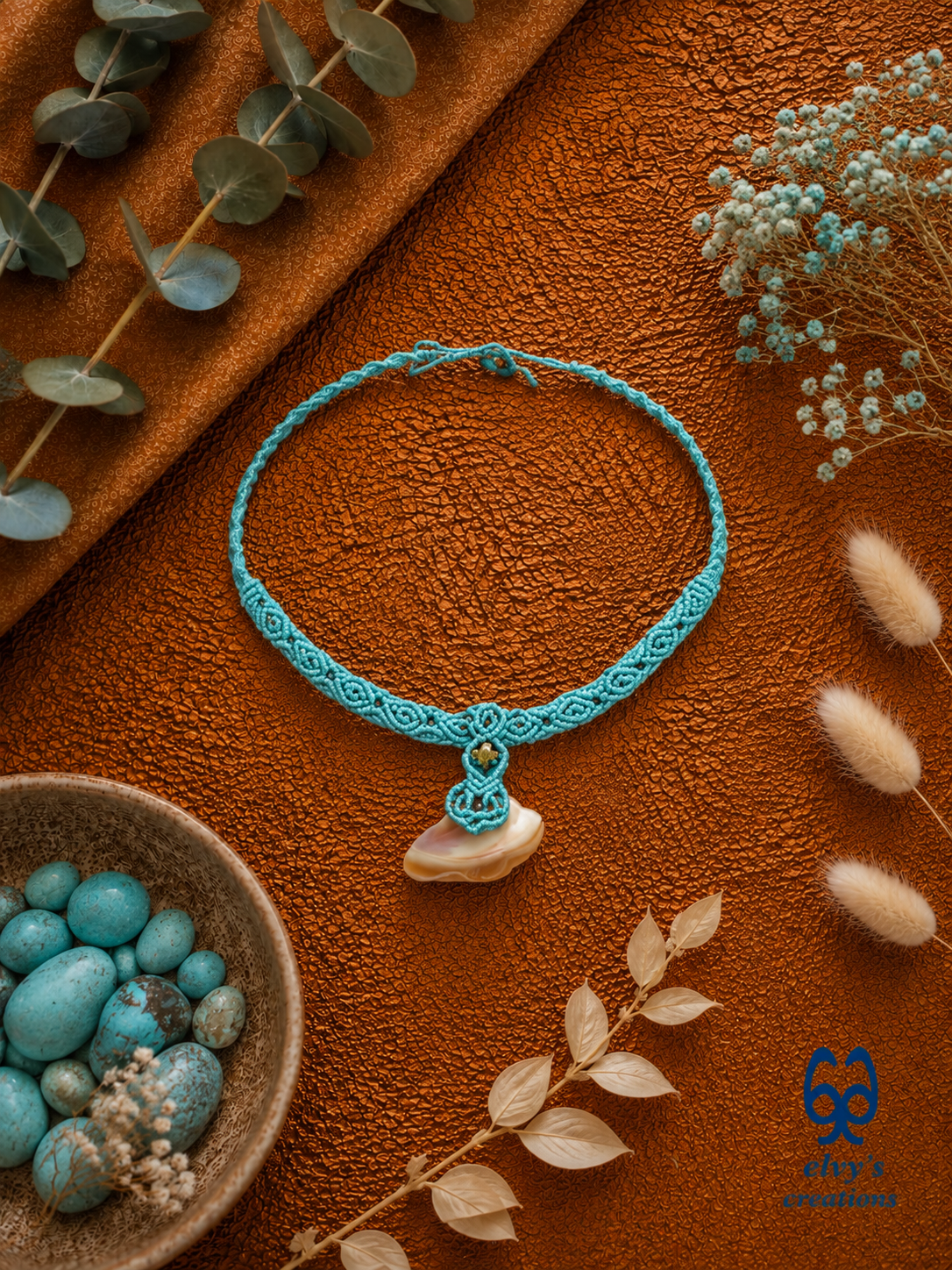 Handmade Turquoise Macrame Necklace Adjustable Chocker with Hematite and Pearl Shell