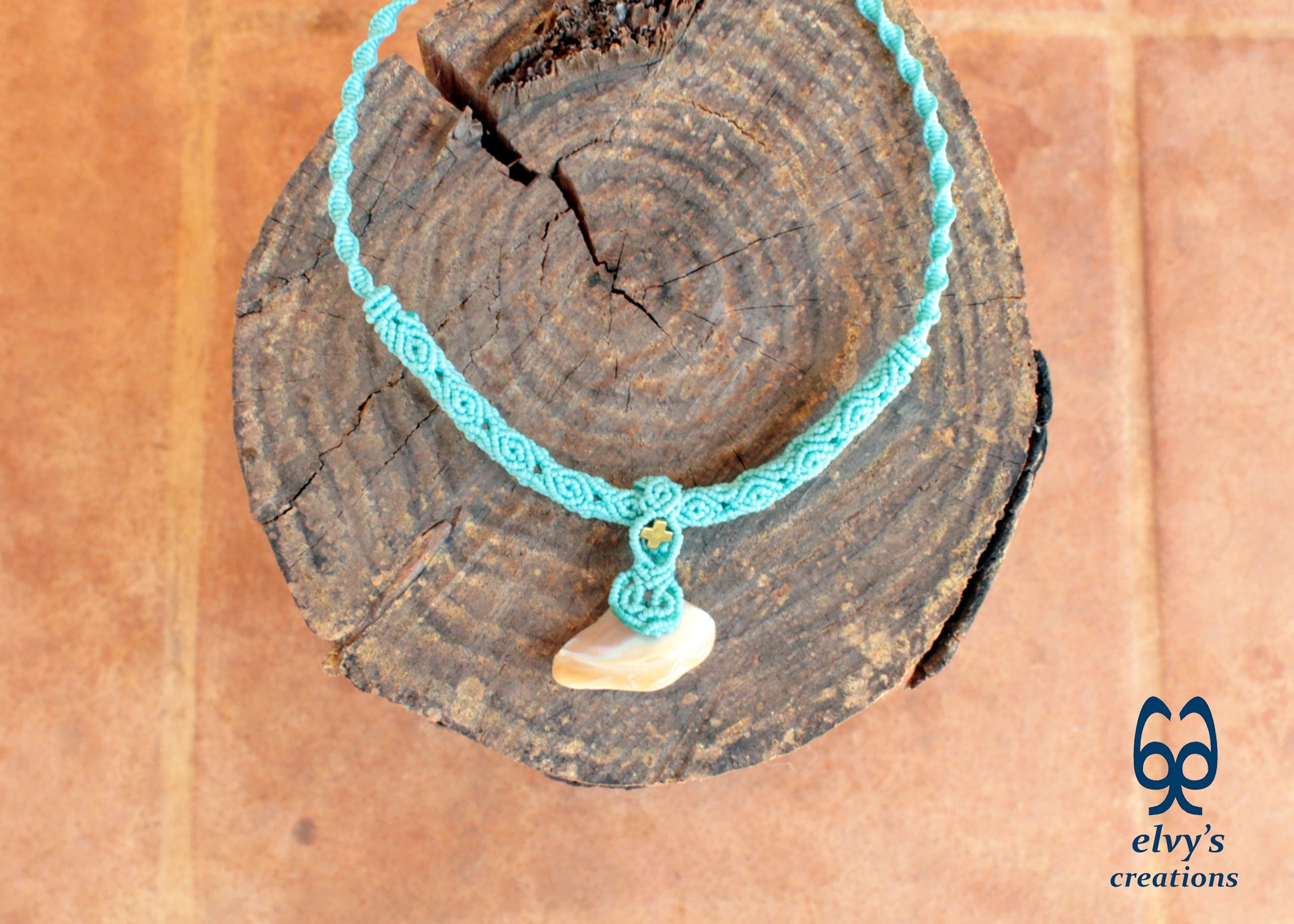 Handmade Turquoise Macrame Necklace Adjustable Chocker with Hematite and Pearl Shell