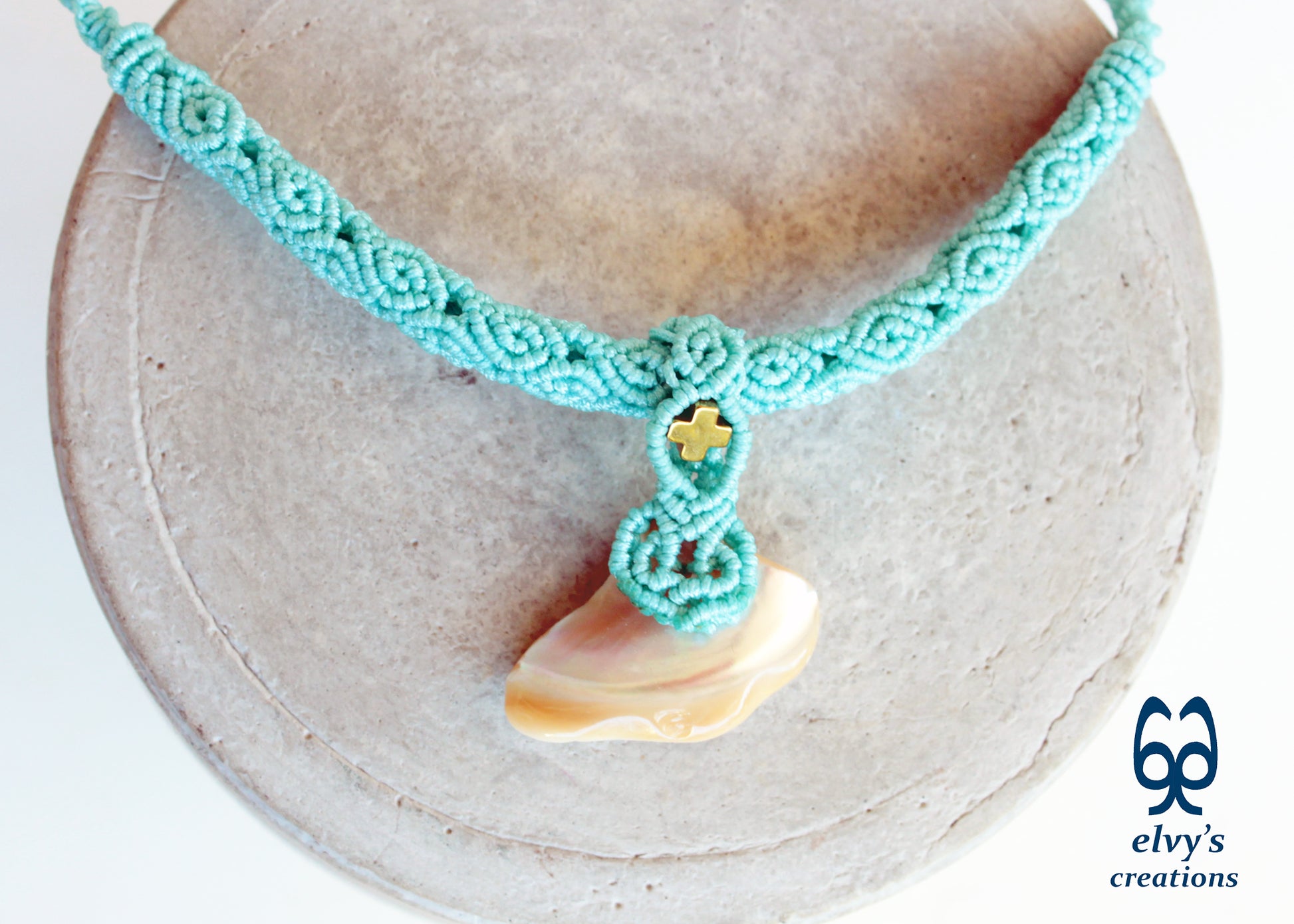 Handmade Turquoise Macrame Necklace Adjustable Chocker with Hematite and Pearl Shell