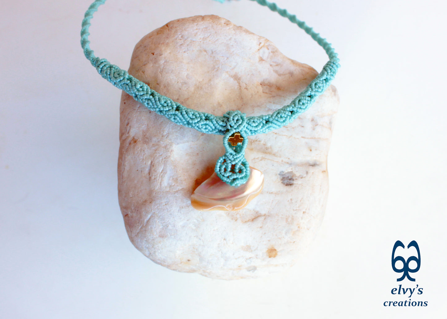 Handmade Turquoise Macrame Necklace Adjustable Chocker with Hematite and Pearl Shell