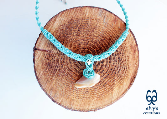 Handmade Turquoise Macrame Necklace Adjustable Chocker with Hematite and Pearl Shell