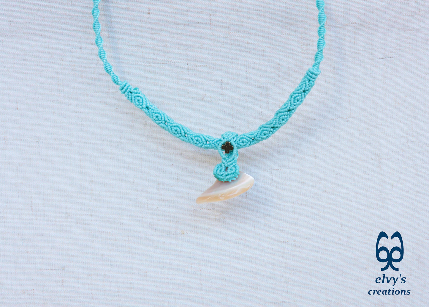 Handmade Turquoise Macrame Necklace Adjustable Chocker with Hematite and Pearl Shell