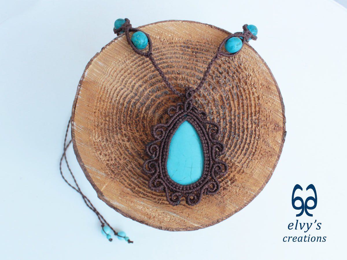 Brown Handmade Macrame Necklace with Turquoise Gemstones